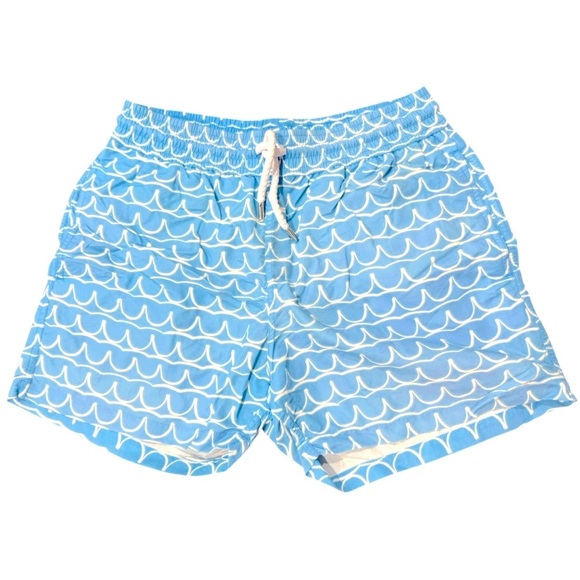 Frescobol Carioca Wave Print Swim Trunks Size M β Blue White Resort Swim Shorts - Picture 1 of 4